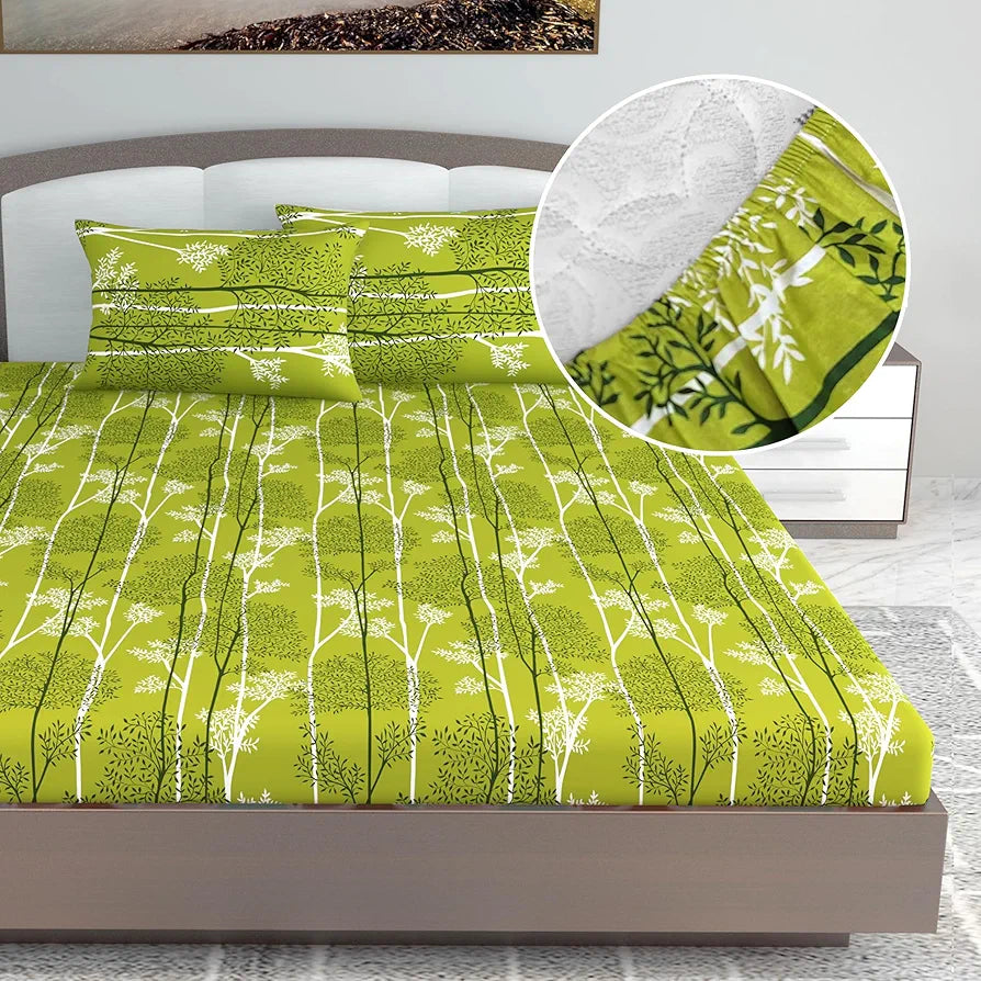 Divine Casa 144 TC Floral Green 100% Cotton Elastic Fitted Bedsheets King Size with 2 Pillow Covers Colour Green