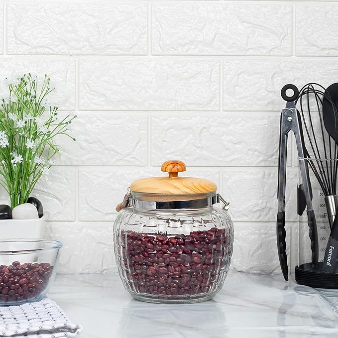 Femora Kitchen Storage Jars Embossed Glass Jar With Wooden Lid & Jute Chain Air Tight Jar | 1500 Ml