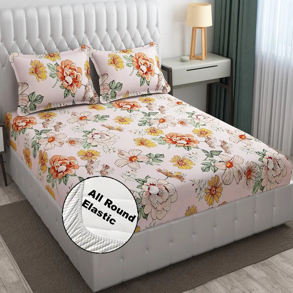 Fresh From Loom King Size Microfiber Fitted Bedsheet With Floral Print 240 TC 2 Pillow Covers Vanilla Floral Design Multicolor