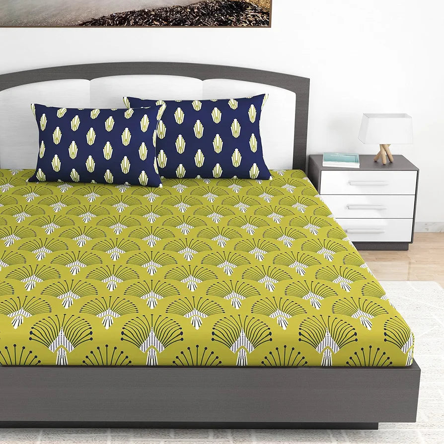 Divine Casa 144 TC 100% Cotton Bedsheet King Size Bed King Size Bedsheet with 2 Pillow Covers Colour Olive Navy