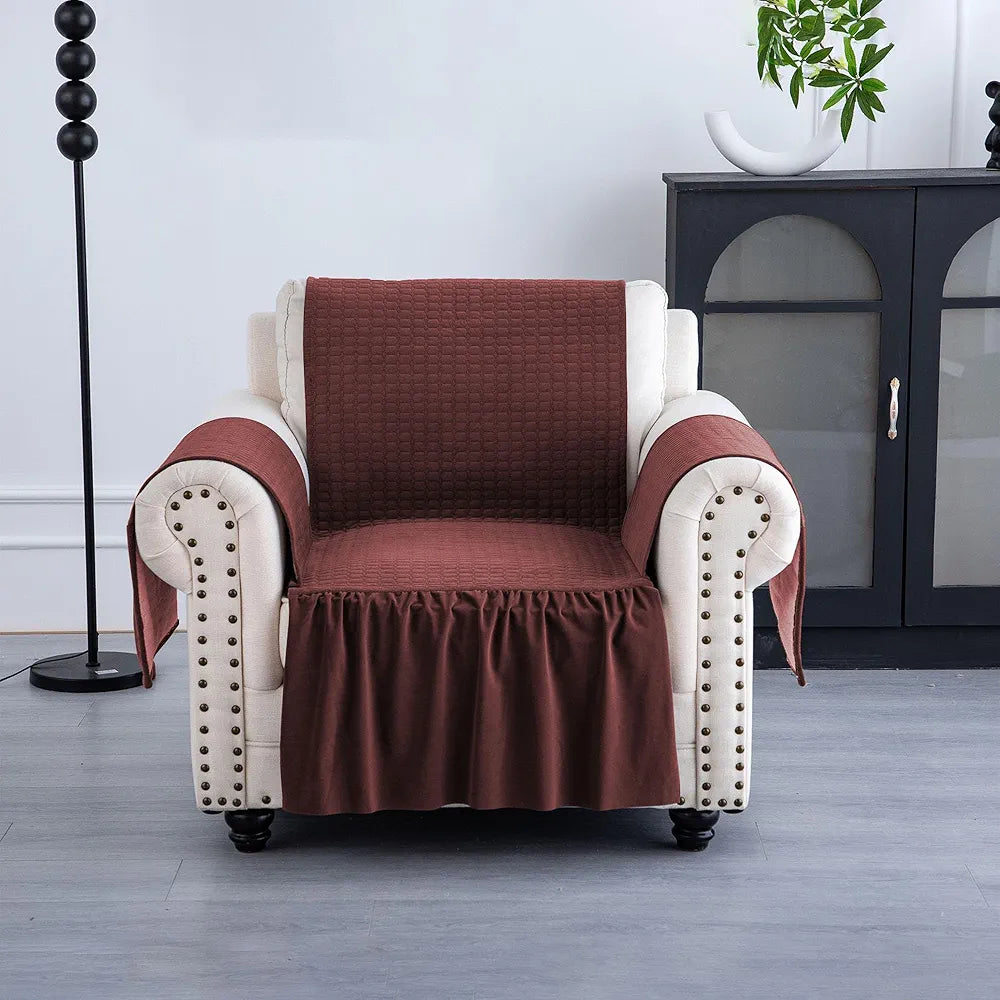 Kuber Industries Soft Velvet Quilted Single Seater Sofa Cover with Pocket Arms Frill Maroon