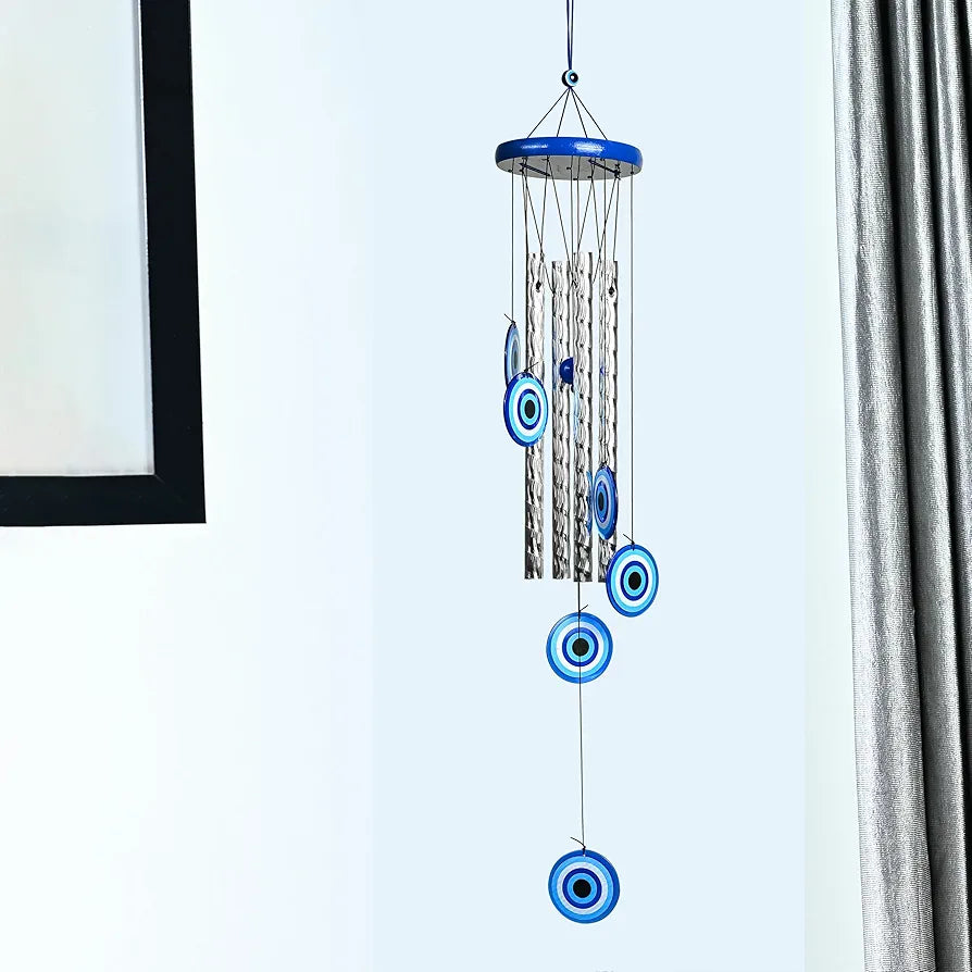 Evil Eye Wind Chimes for Home and Garden 4 Silver Pipe Wind Chime -015