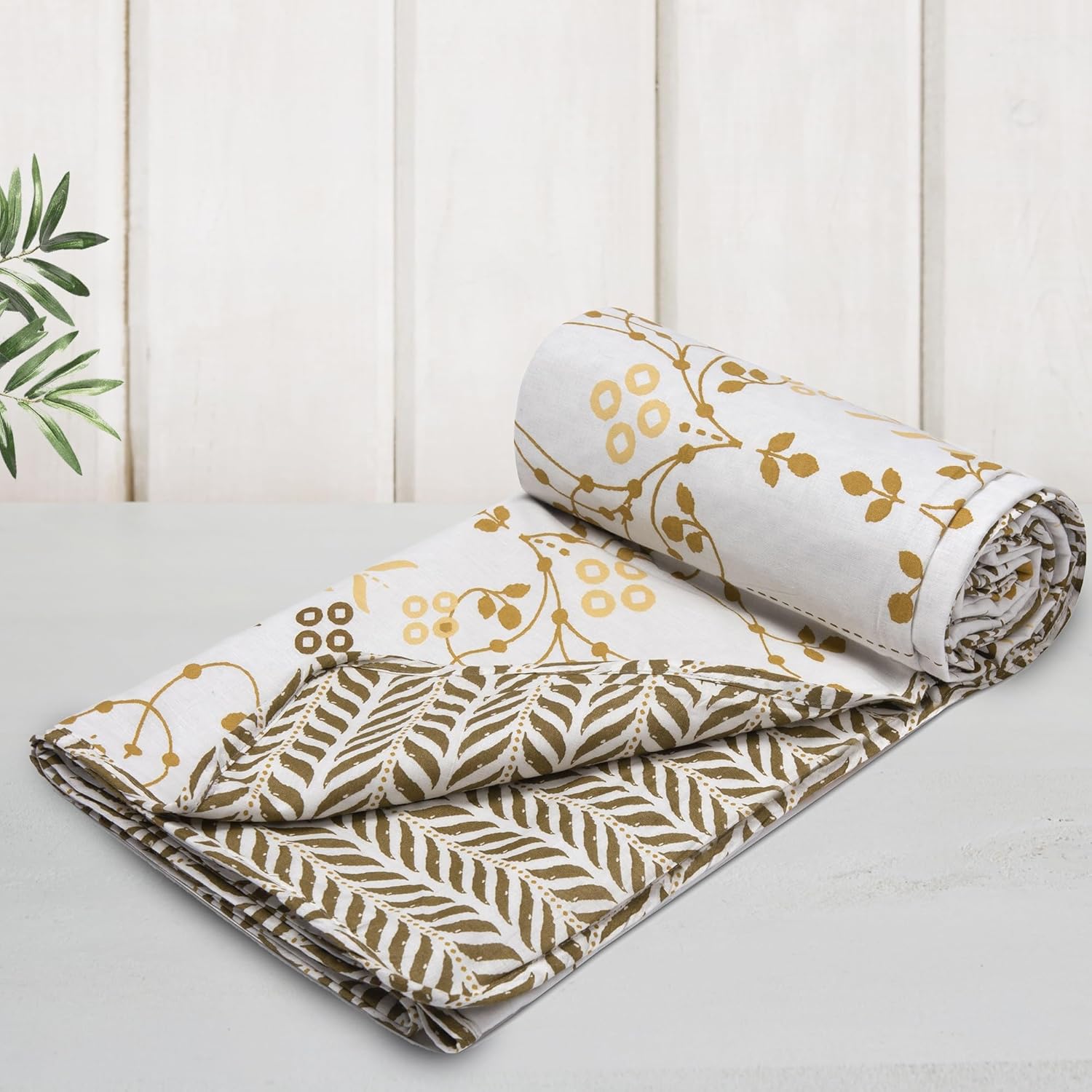Huesland 100% Cotton Reversible Dohar Single Bed Cotton | Soft Cambric Weave, All Weather Light Ac Blanket | White, Moss Green & Mustard