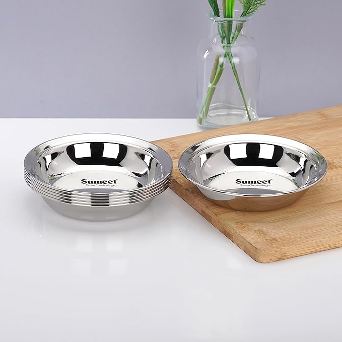 Sumeet Stainless Steel Heavy Gauge Multi Utility Serving Plates with Mirror Finish 16.5cm Dia Set of 6pc Silver