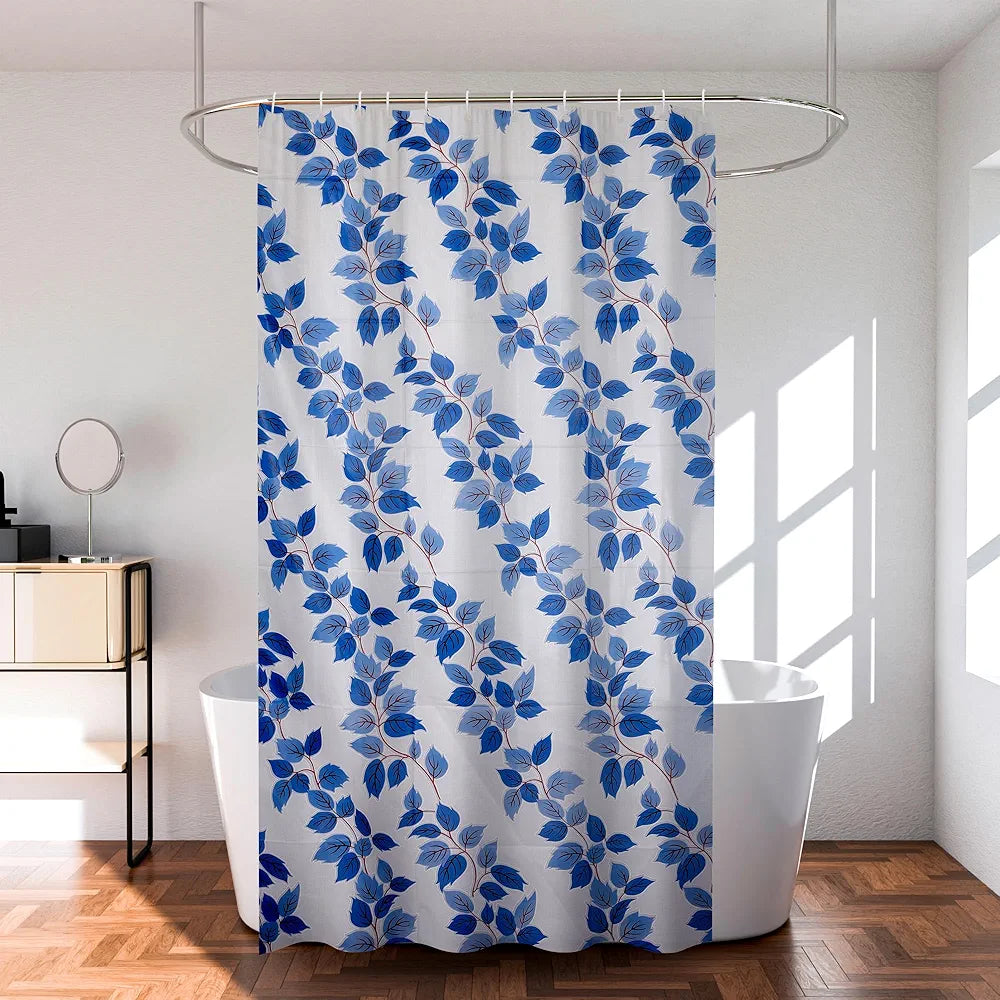 Kuber Industries Shower Curtain Bathroom Shower Curtain 8 Rings Curtain Leaf Print Blue