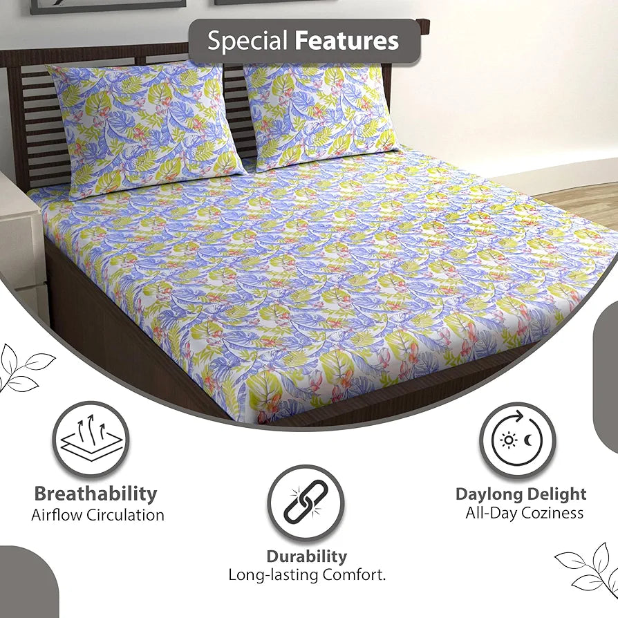 Divine Casa 144 TC Pure Cotton Double Bedsheet with 2 Pillow Covers Floral Bliss Colour Purple Yellow