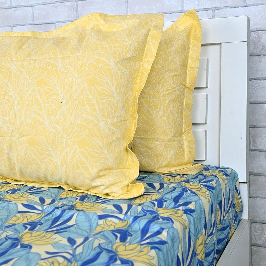 Divine Casa 144 TC 100% Pure Cotton Double Bed Bedsheet with 2 Pillow Covers Tropical Floral Colour Blue Yellow