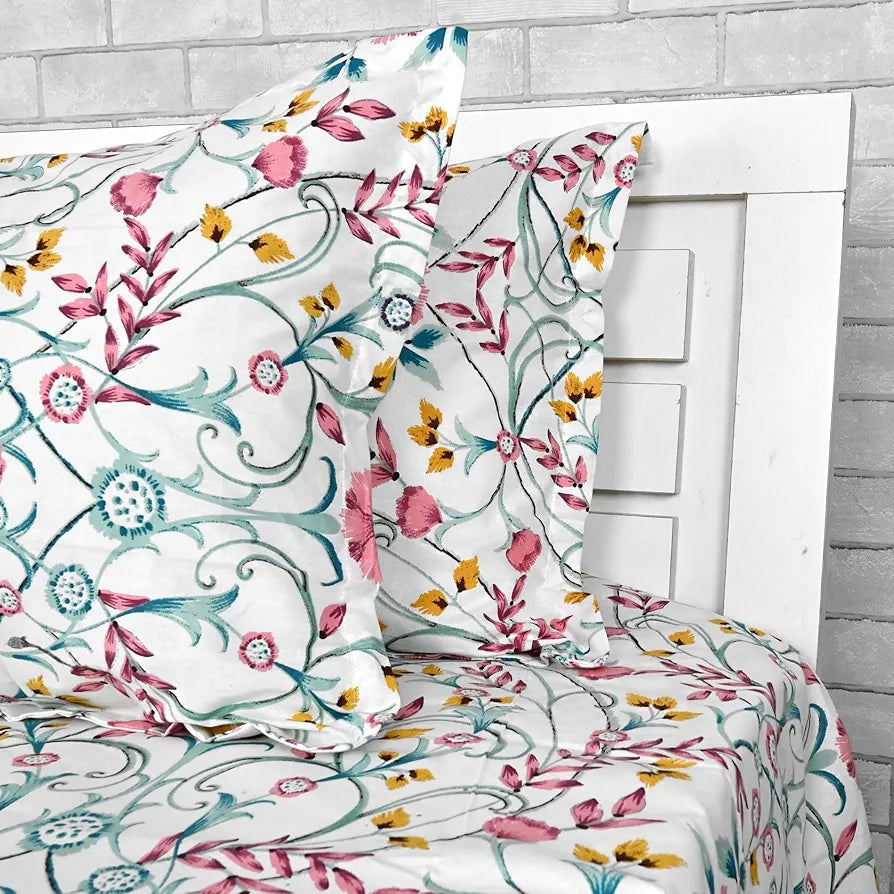 Divine Casa 144 TC Cotton White Jaipuri Bedsheets for King Size with 2 Pillow Covers Colour Liberty Pink