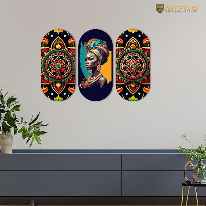 Artvibes African Lady and Mandala Pattern Wooden Wall Hanger for Home | Artworks | Set of 3