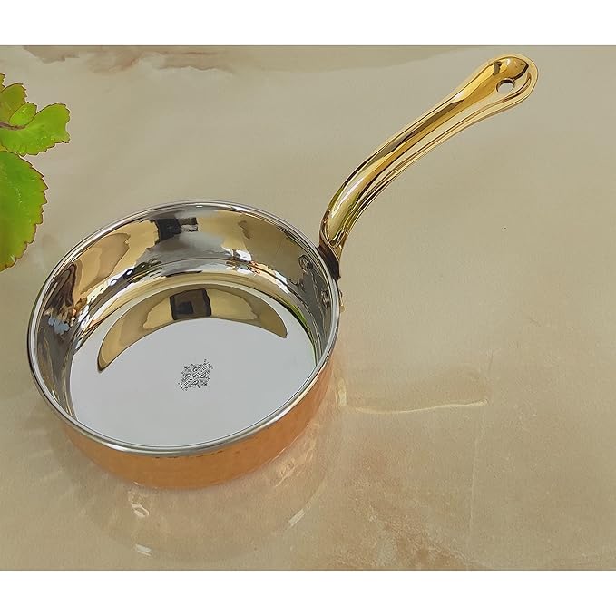 Indian Art Villa Steel Copper Serving Pan With Brass Handle | 700 ml