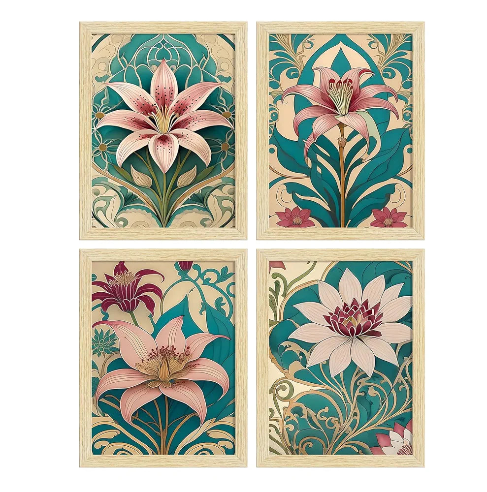 ArtX Paper Lilly Flowers Botanical Art Paintings With Frame Multicolor, Set of 4