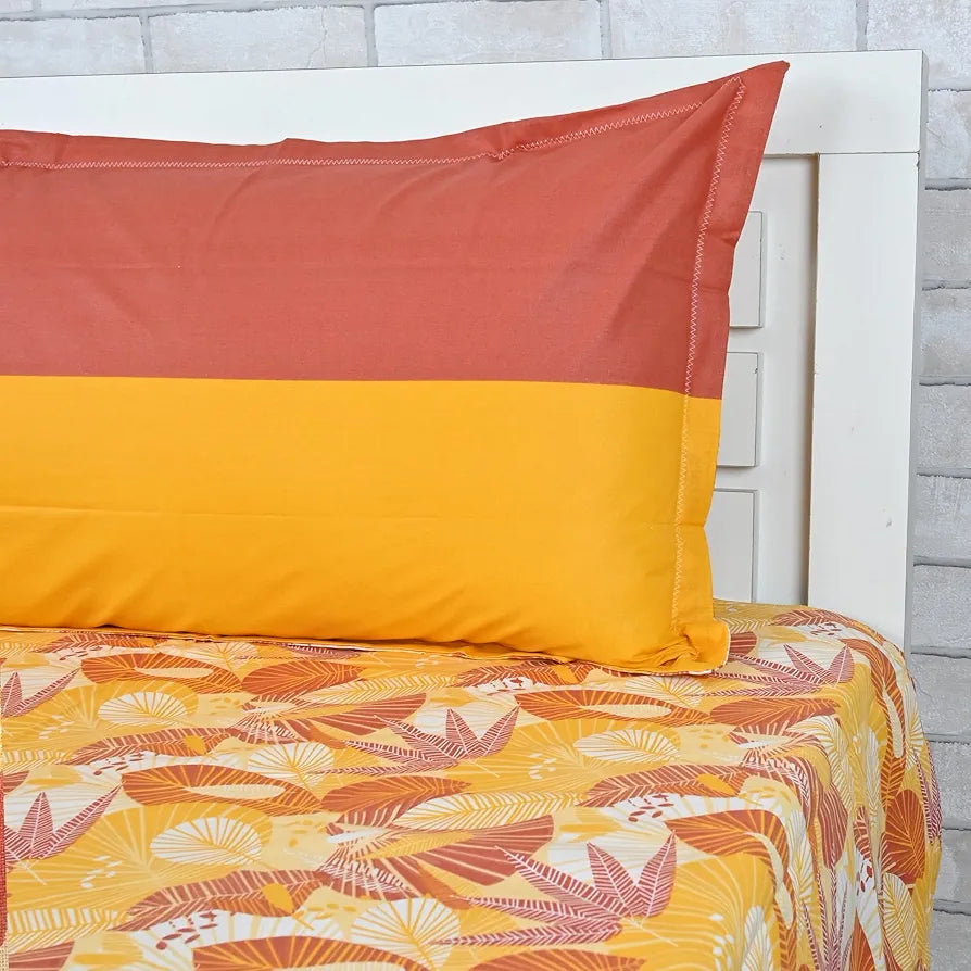 Divine Casa 144 TC Pure Cotton Single Size Bedsheet with 1 Pillow Cover Floral Paisley Colour Mustard Orange