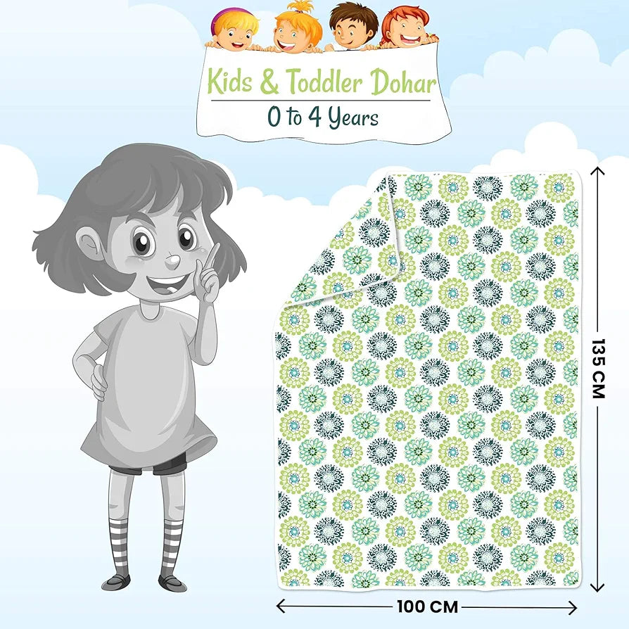 Divine Casa Floret 100% Cotton Single Kids Dohar 120 GSM Soft & Lightweight Throw Blanket Colour Green Blue