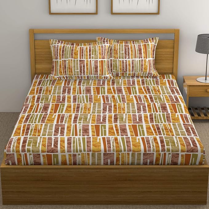 Huesland by Ahmedabad Cotton 144 TC Cotton King Size Bedsheet with 2 Pillow Covers - Orange, Green & Brown