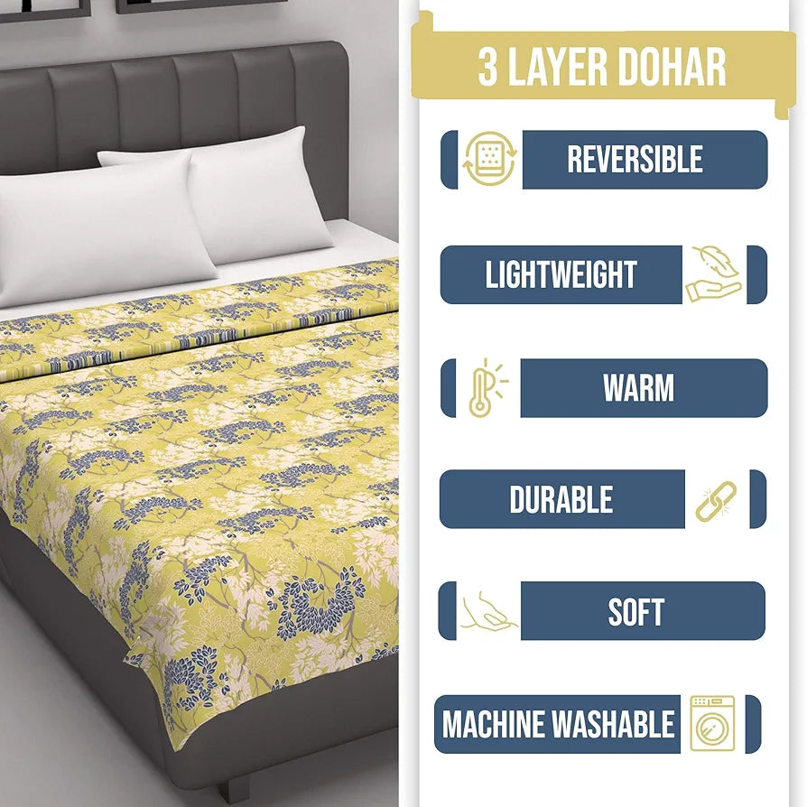 Divine Casa 100% Cotton Single Bed Dohar Ultra-Soft AC Blanket Lightweight & Reversible Summer Quilt Colour Lemon Drop Yellow
