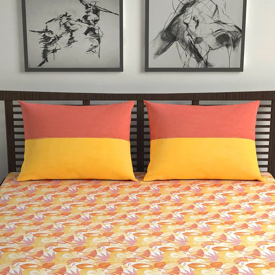 Divine Casa 144 TC Pure Cotton Double Bed Bedsheet with 2 Pillow Covers Regal Paisley Colour Peach Yellow