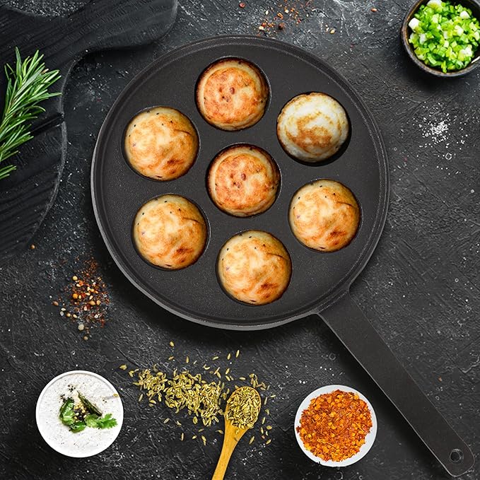 Solara Crownstone Premium Cast Iron Paniyaram Pan 7 Cavities, 20 Cm Appam Patra With Handle | Cast Iron Cookware