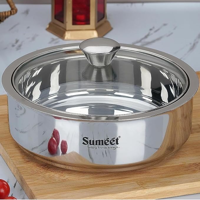 Sumeet Smart Serve Stainless Steel Double Wall Insulated Hot Roti Glass Lid 1600 milliliter 1pc Silver
