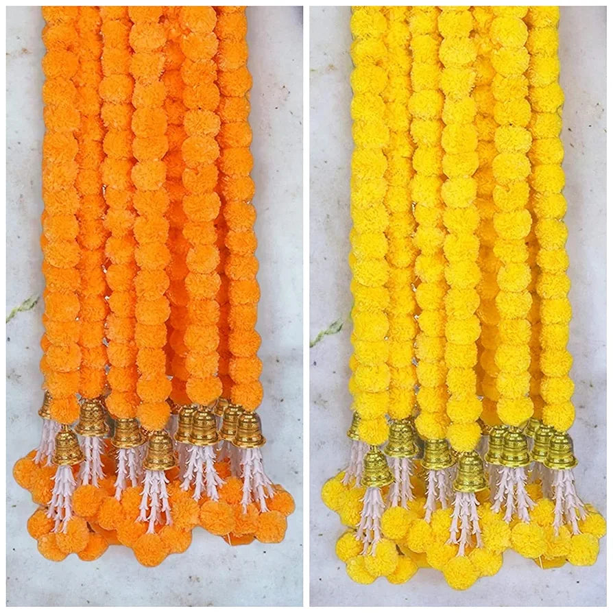 Handmade Artificial Marigold Flower Garland Long Flower Garlands Toran Genda Phool with Bells and Rajnignadha