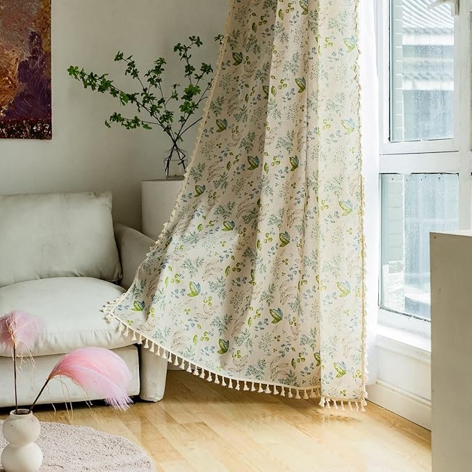 Huesland Cotton Curtains for Windows, 5 Feet Long 1 Bohemian Eyelet Curtain | Green Leaf Floral