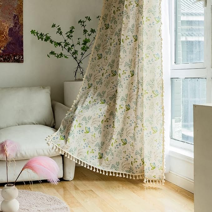 Huesland Cotton Curtains for Door, 7 Feet Long 1 Bohemian Eyelet Curtain | Green Leaf Floral