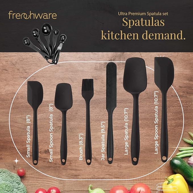 Frenchware Set of 6 + 5 Measuring Tablespoons, Black Colour | Non-stick Silicone Spatulas for Cooking & Baking | Dishwasher Safe