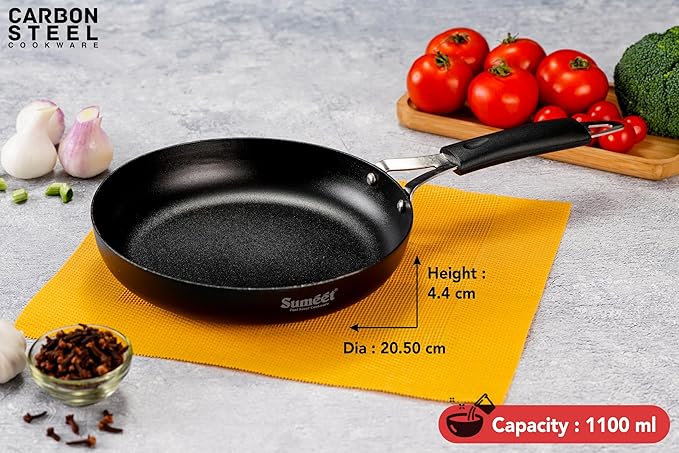 Sumeet Super Smooth Pre Seasoned Carbon Steel (Iron) Fry Pan 20.5cm | 1100ml Black