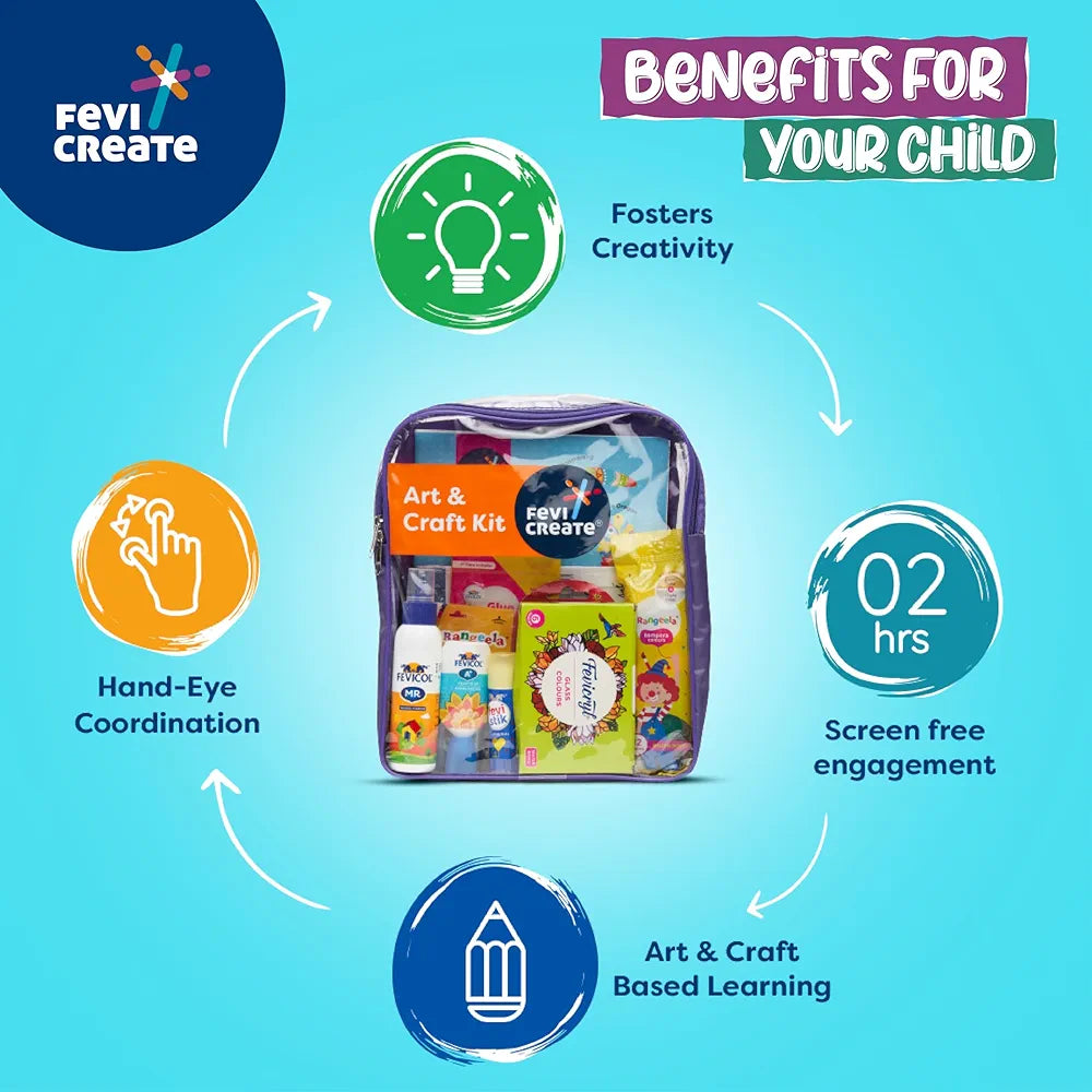 Fevicreate Art & Craft Kit | with Transparent Backpack | Value Pack with Crafting Essentials for Children | School Kit | Colours, Canvas, Activity Book, Glues | Gift for Boys & Girls Ages 5+
