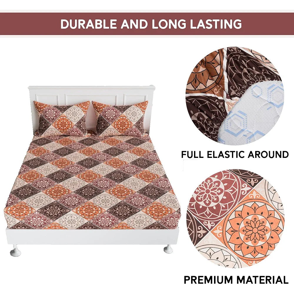 Kuber Industries Cotton Fitted Bedsheets For Double Bed With 2 Pillow Covers Brown