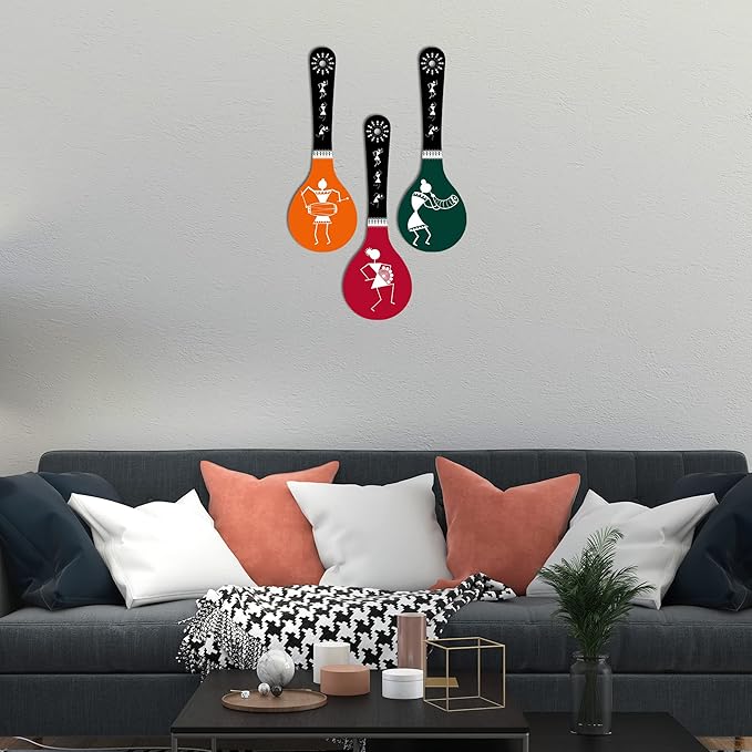 Artvibes Warli Art Wooden Wall Hanger for Home | Set of 3