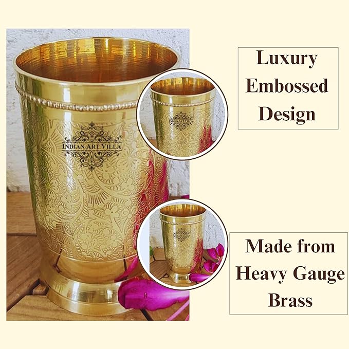Indian Art Villa Pure Brass Glass Tumbler With Embossed Design For Drinking Serving Water
