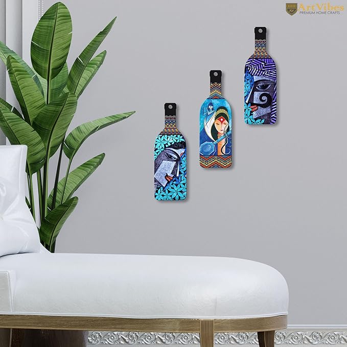 Artvibes Abstract Art Radha Krishna Wooden Wall Hanging for Home Decor | Set of 3