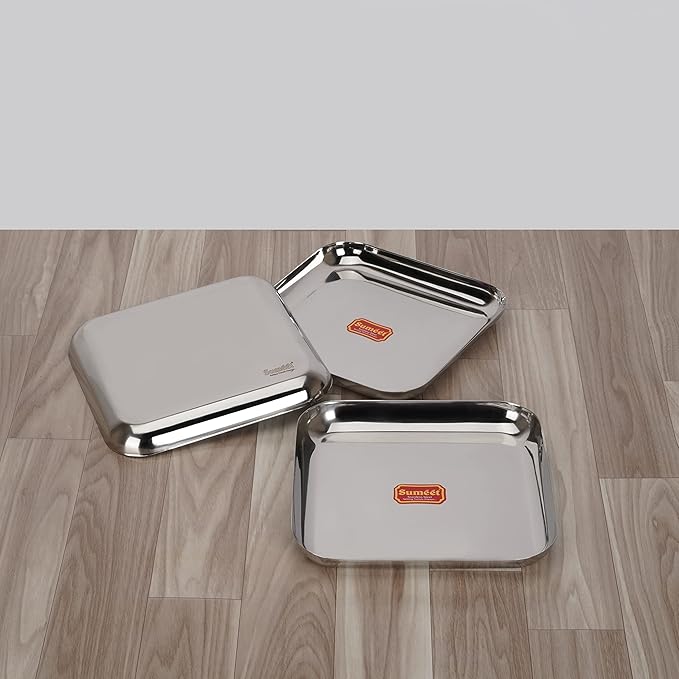 Sumeet Stainless Steel Medium Square Shape Plate Set of 3pcs 20cm Silver