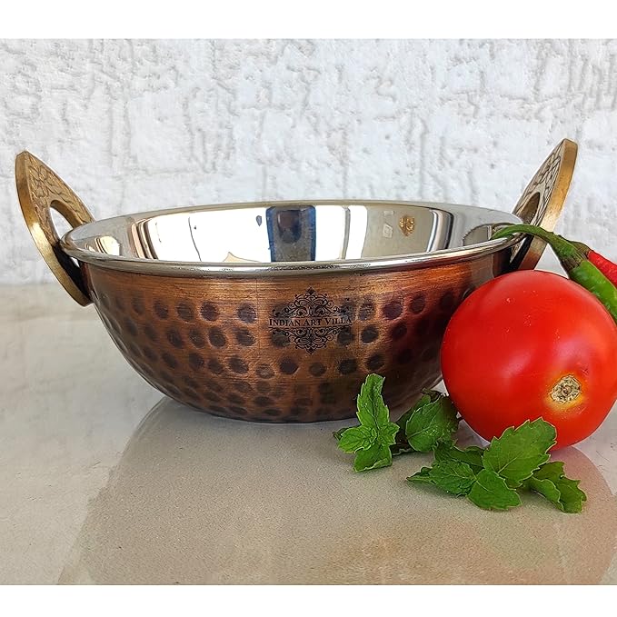 Indian Art Villa Hammered Antique Dark Finish Design Steel Copper Kadhai/Wok Each - 312 gms (Pack of 2)