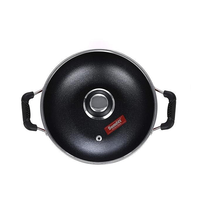 Sumeet 2.6mm Non Stick Glasso Deep Kadhai with Glass Lid1.5 Ltr - 20cm Dia (Red)