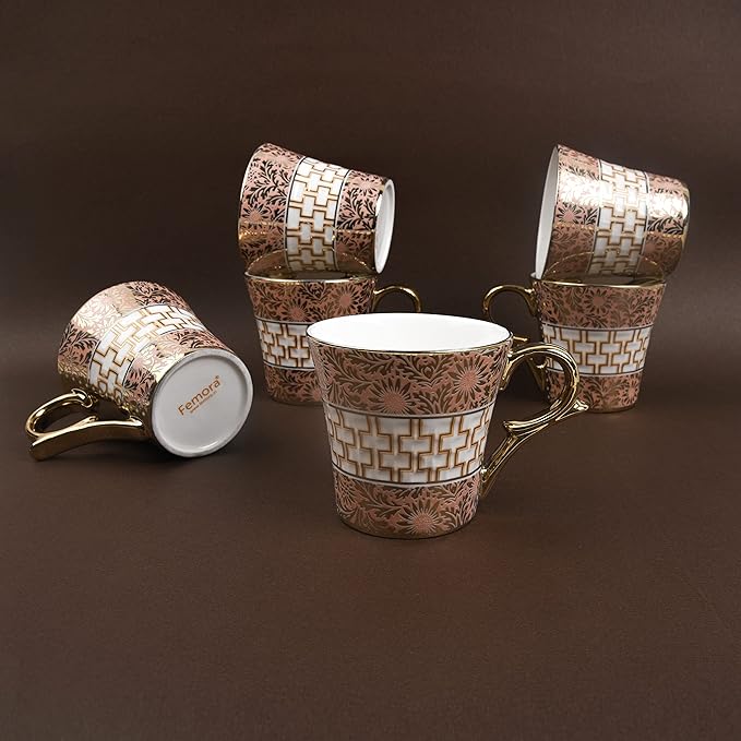 Femora Golden Daisy Finish Ceramic Tea Cups, Coffee Mugs | 160 Ml | Golden | 6 Pcs Set | Not Microwave Safe