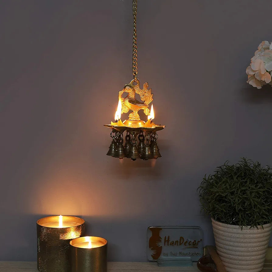 Two Moustaches Peacock Design Brass Hanging Diya with Bells