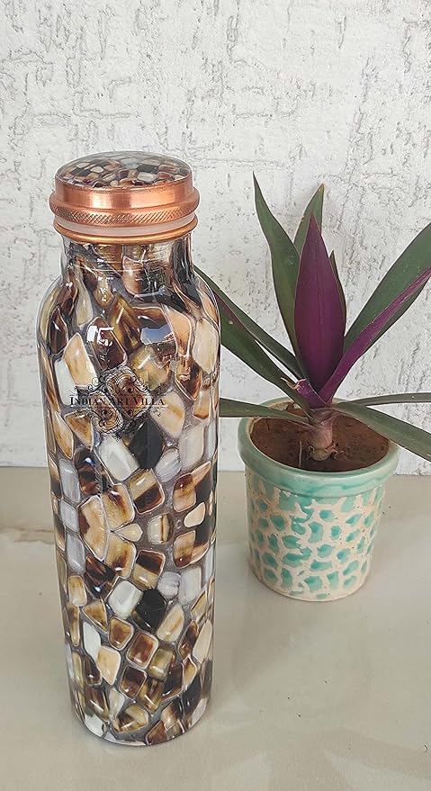 Indian Art Villa Copper Water Bottle with Big Marble Stone Printed Design