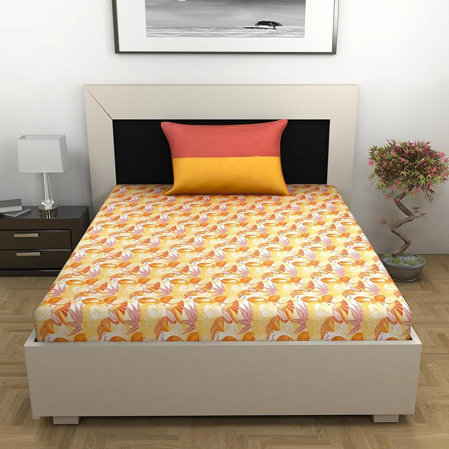 Divine Casa 144 TC Pure Cotton Single Size Bedsheet with 1 Pillow Cover Floral Paisley Colour Mustard Orange