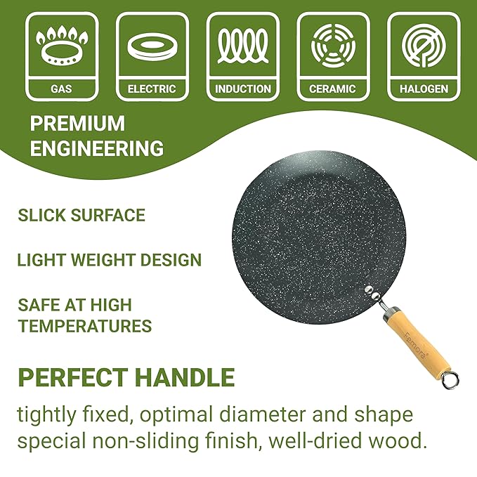 Femora Carbon Steel Tawa With Wooden Handle | 3 Layer Non-stick Coating Tawa | Black | Diameter | 28 Cm