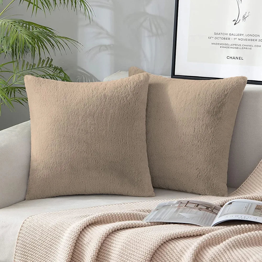 Luxe Home Cushion Cover One Side Rabbit Fur Plain Design Covers Set of 2 Colour Taupe