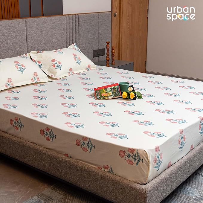 Urban Space Serene Cotton Bedsheet for Double Bed 2 Pillow Covers (Colour Sunflower Pomegranate Pink)