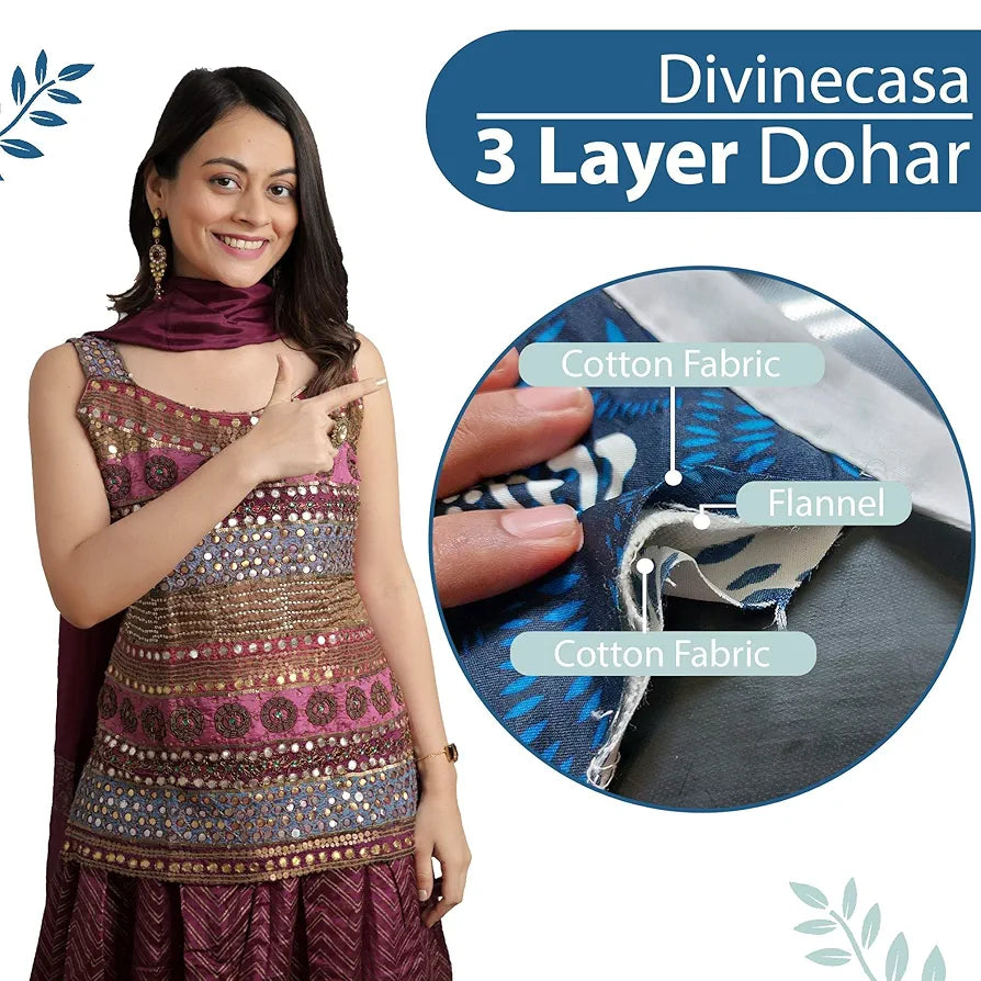 Divine Casa Floret 100% Cotton Double Dohar 120 GSM Soft & Lightweight Throw Blanket Colour Winter Fern