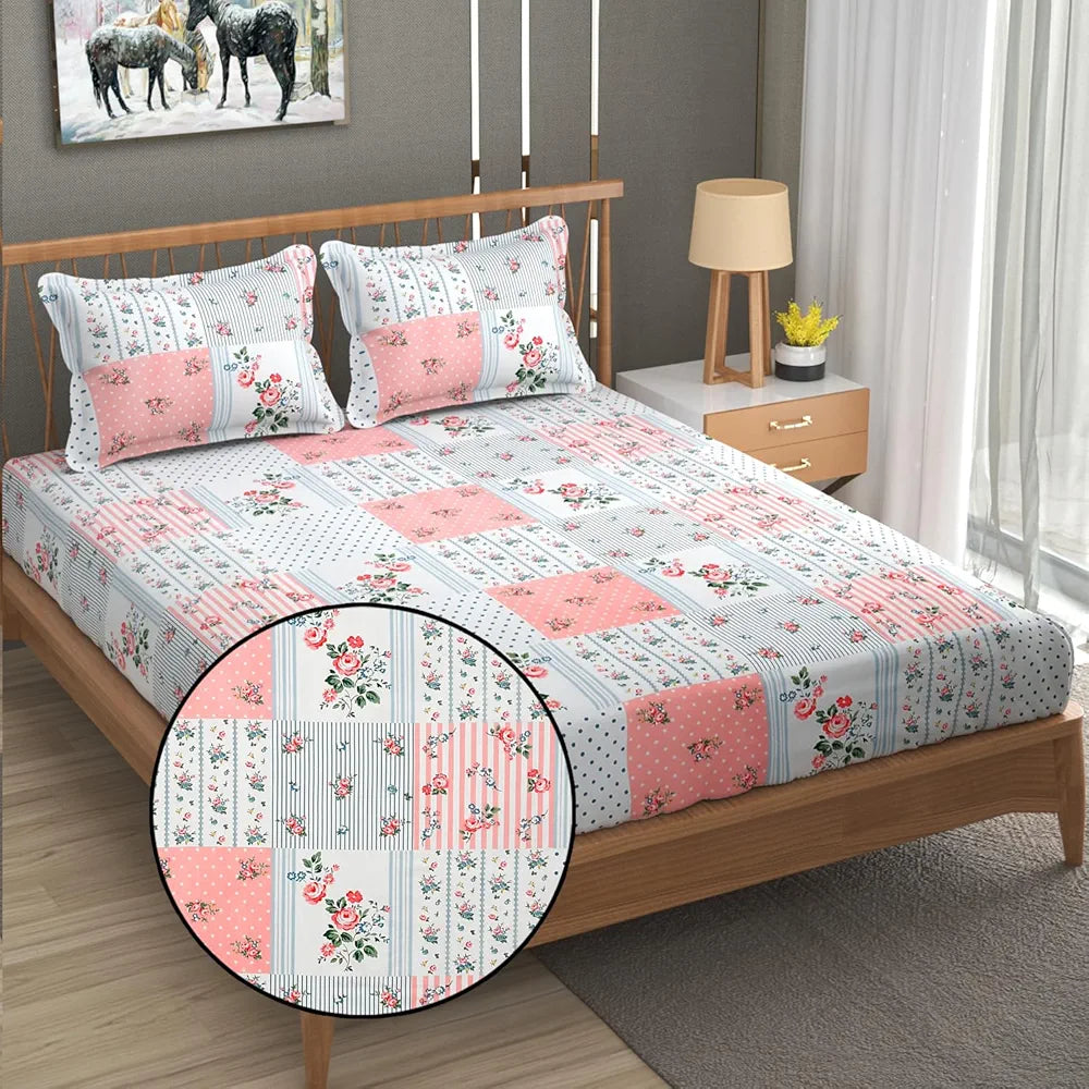 Fresh From Loom Floral Print King Size Fitted Bedsheet Set Microfiber 240 TC 2 Pillow Covers Pink White