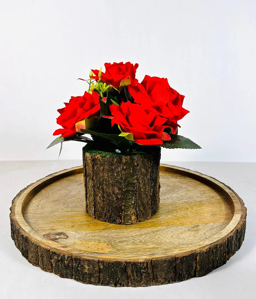 Artificial Silk Rose Fake Flowers Potted Artificial Plants Indoors Natural Wooden Pot