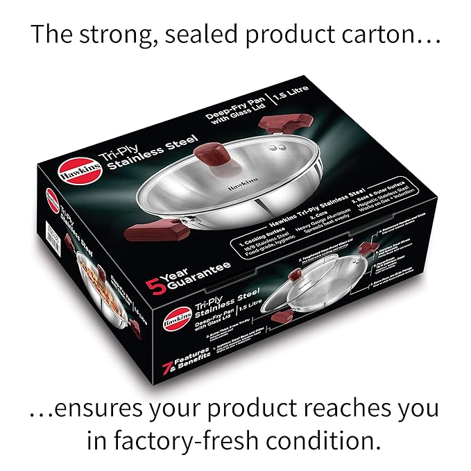 Hawkins 1.5 Litre Deep Fry Pan Triply Stainless Steel Kadai with Glass Lid