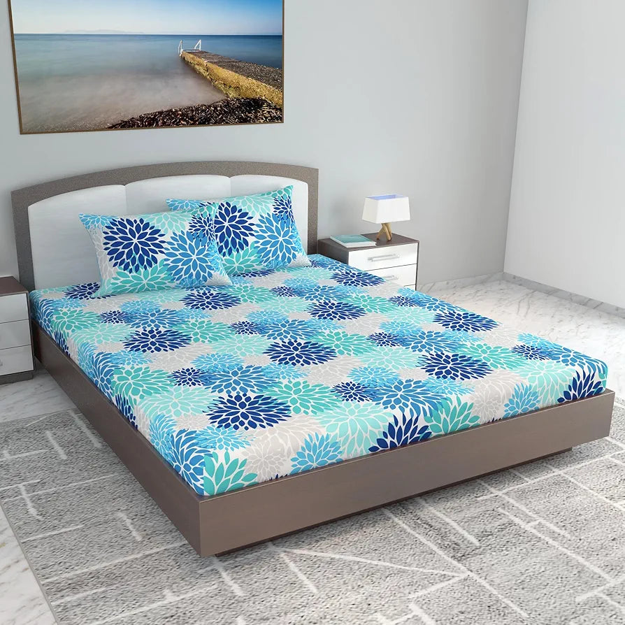 Divine Casa 100% Cotton 144 TC Bedsheet for Double Bed King Size Bedsheet with 2 Pillow Covers Colour Blue