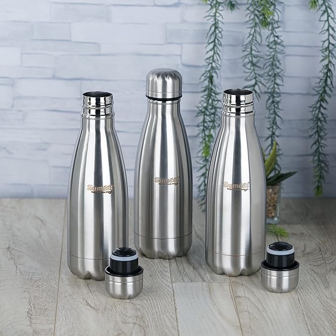 Sumeet Stainless Steel Double Walled Vacuum Flask/Water Bottle - 400 ml (Each) Pack of 3