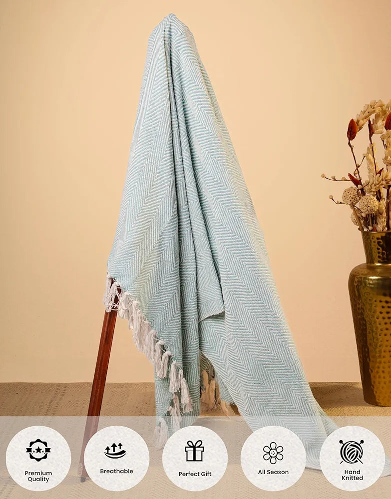 Sajavat Home Hand Knitted Pure Cotton 3 Seater Sofa Throw Colour Sky Blue