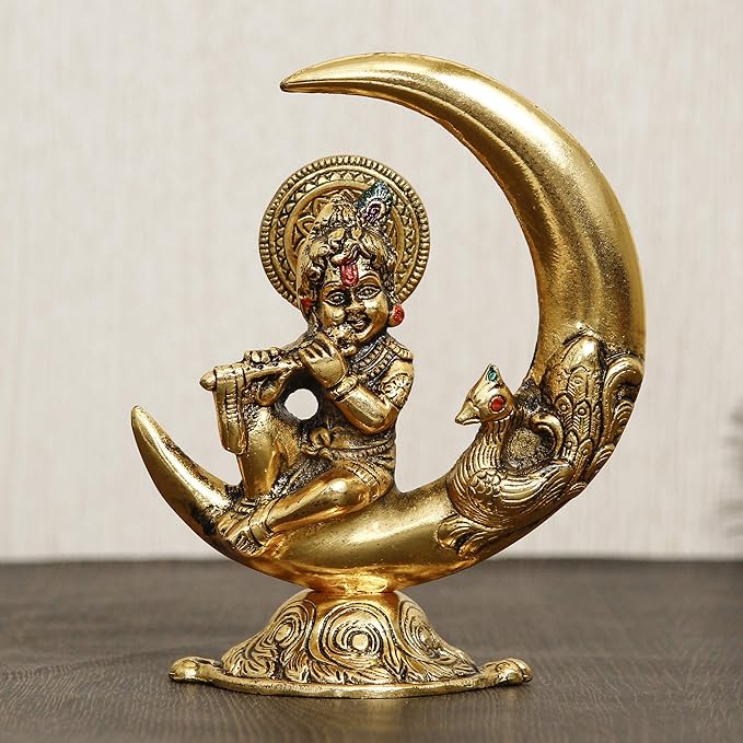Ecraftindia Golden Metal Handcrafted Lord Krishna Idol Playing Flute and Sitting on Half Moon Decorative Showpiece